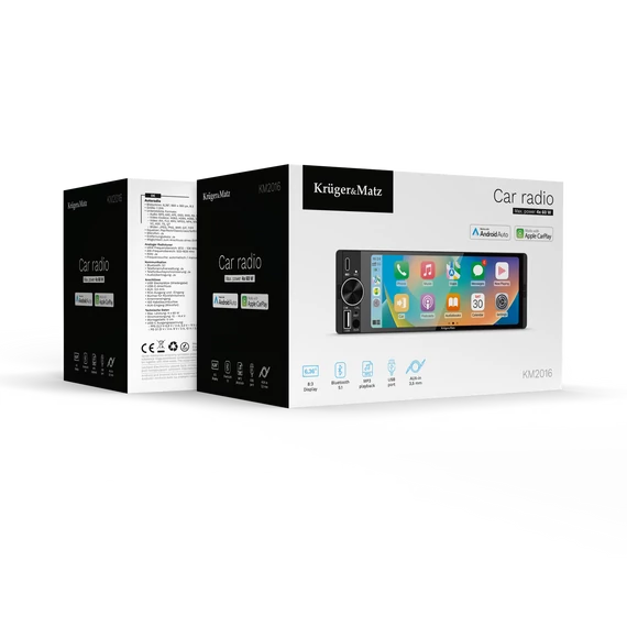 Kruger&Matz KM2016 1 DIN autórádió – CarPlay, Android Auto, 6,36
